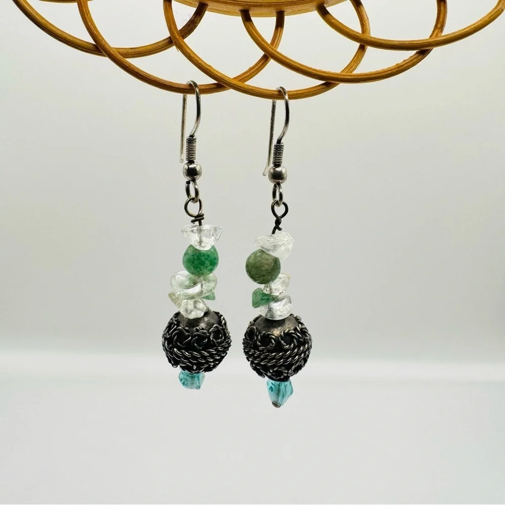 Green Stone & Quartz Dangle Earrings | Oxidized Silver Beads Artisan Boho Style